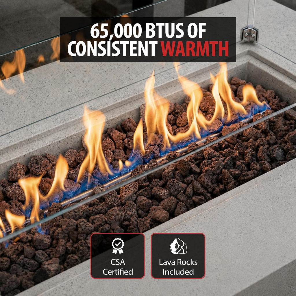 AMS 60" Rectangular Concrete GFRC Propane Gas Fire Pit Table (Light Gray) | (Madison) Limestone Texture Fire Pit