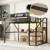 Queen Metal Loft Bed Frame with Desk, Staircase, Built-in Storage Shelves and Wardrobe