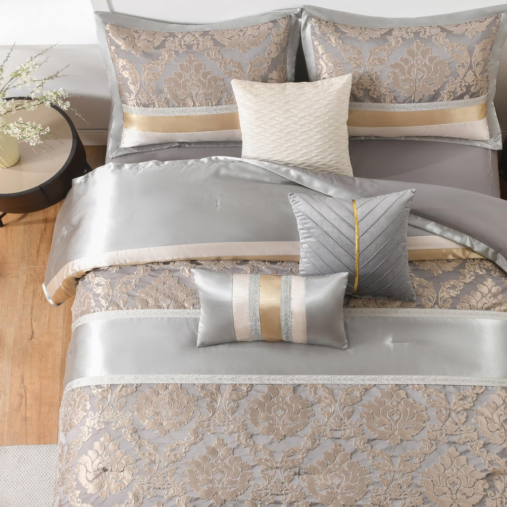Luxury Comforter Set, Silver Gray Champagne Gold