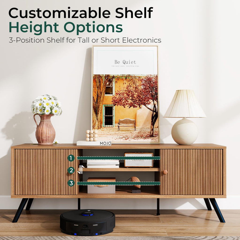 TV Stand, Mid Century Modern Entertainment Center for 55/60/65 Inch TVs, Retro Brown TV Console with Fluted Door