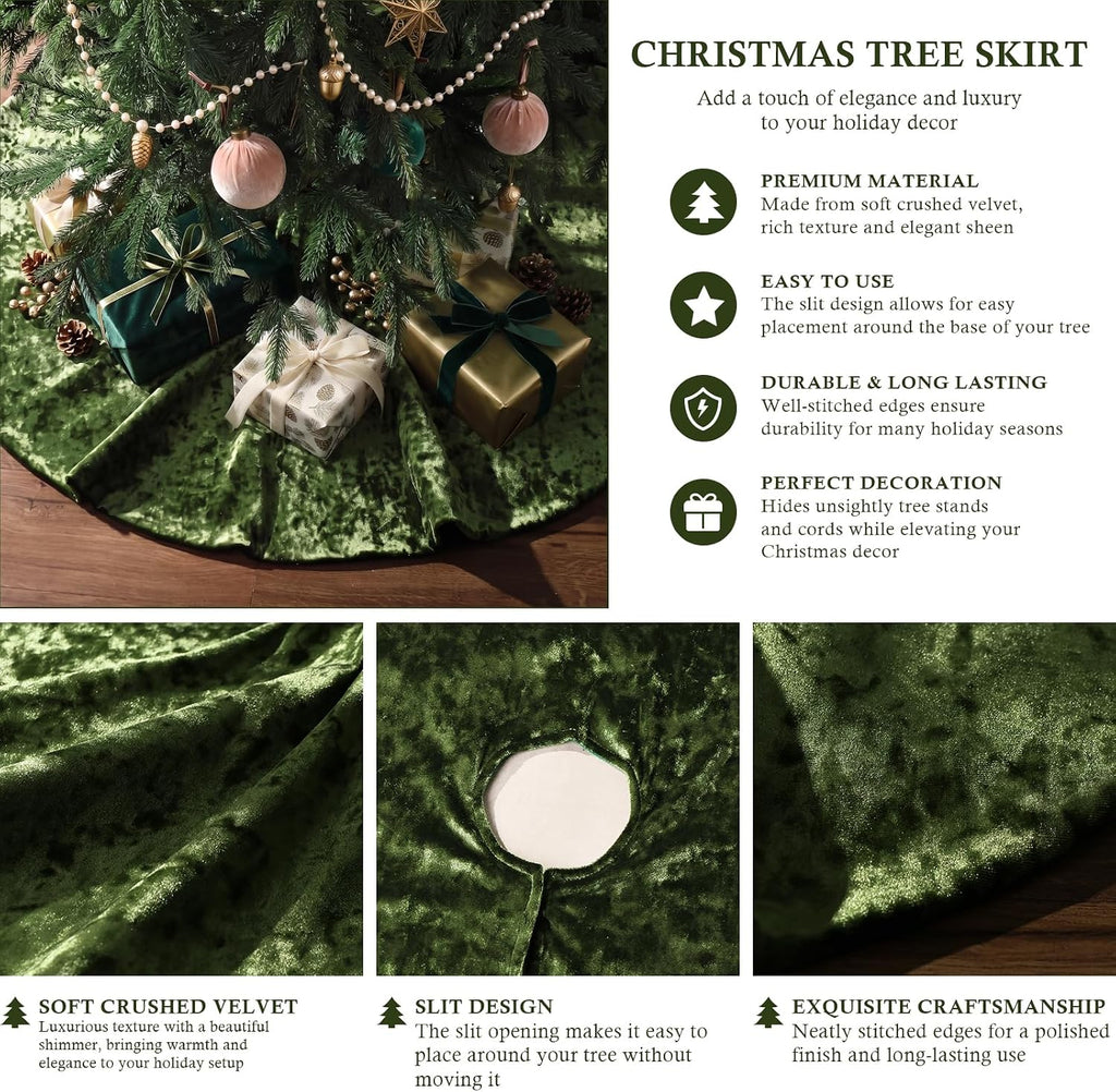 48 Inch Velvet Christmas Tree Skirt, Luxury Emerald Green Crushed Velvet Tree Skirt, Elegant Vintage Shiny Thick Base