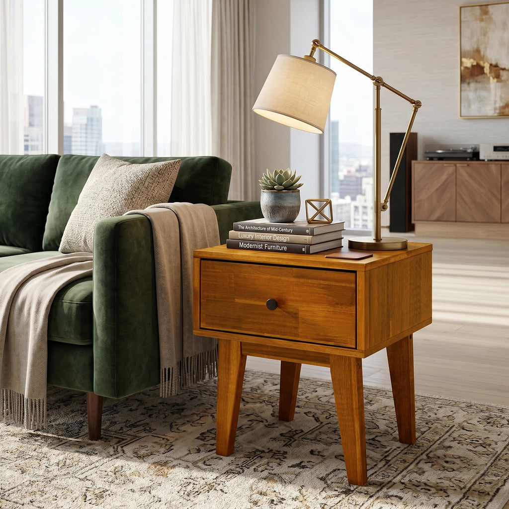 Sofia Nightstand with Drawer, Bedside Table, Solid Wood Bedside End Table with Drawer and Storage Space, Caramel