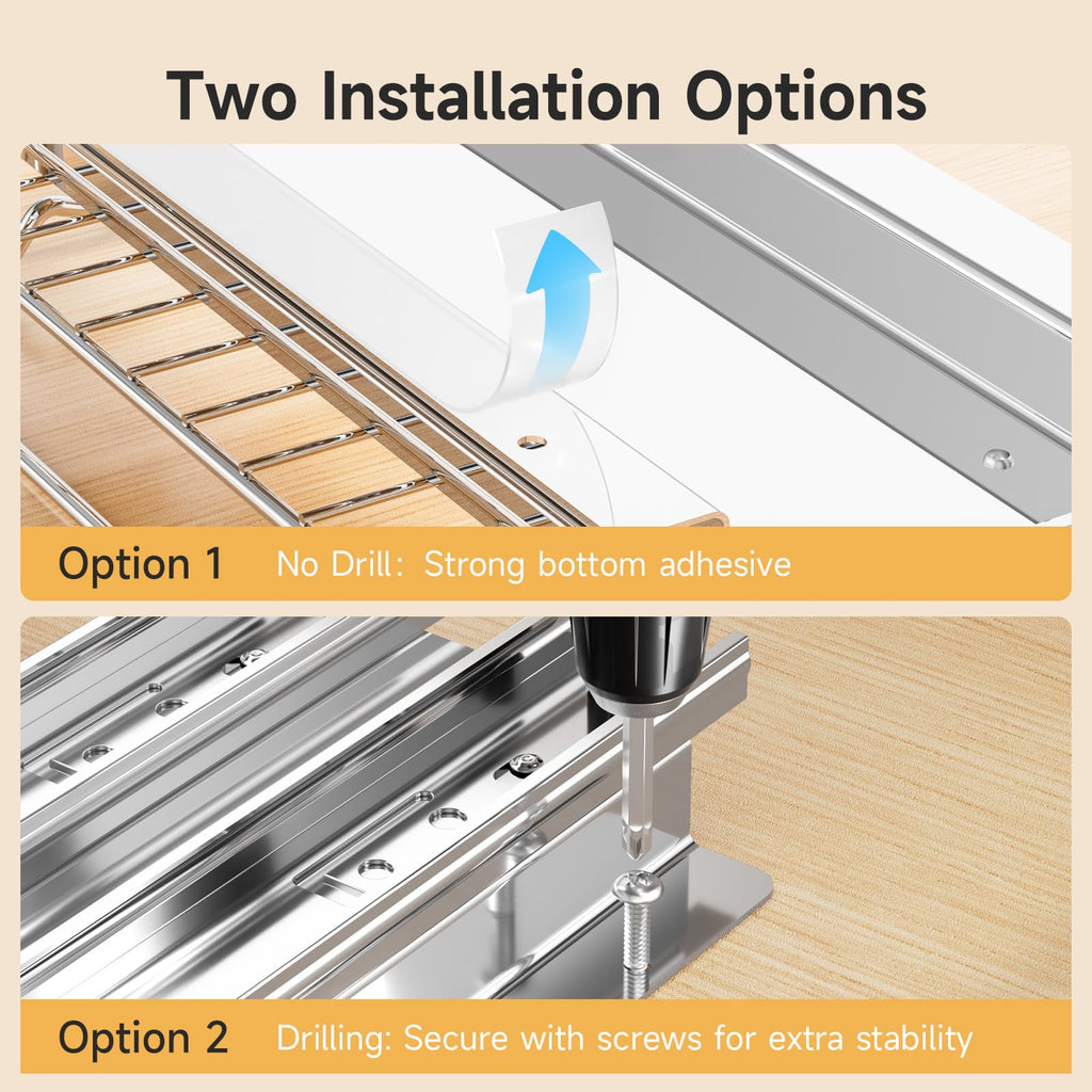Pull Out Spice Rack for Inside Cabinet, 2 Tier Chrome Spice Organization for Cabinet, Vertical Sliding Out Spice Rack