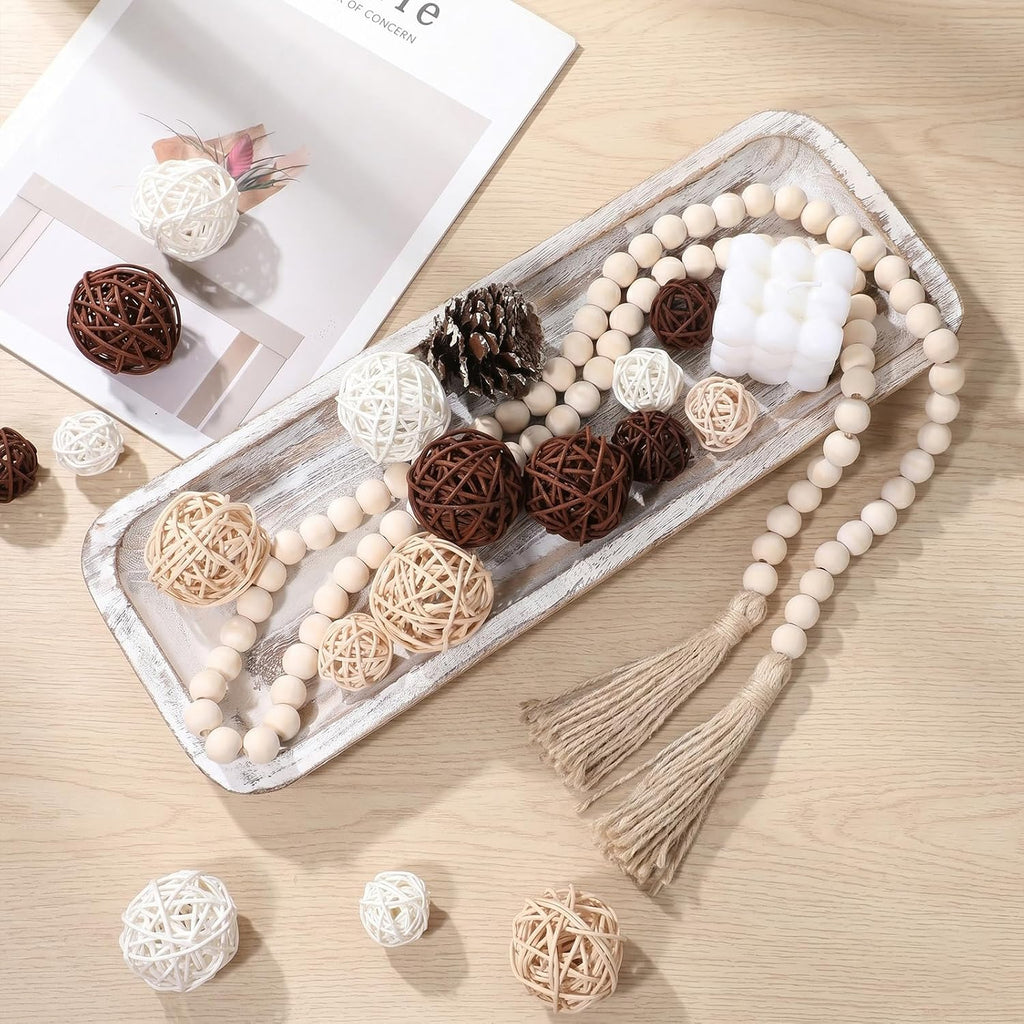 Wooden Dough Bowl Decor, Wood Dough Bowl Wicker Rattan Balls Beads String with Tassel, Wood Rustic Dough-Bowl - Set of 20