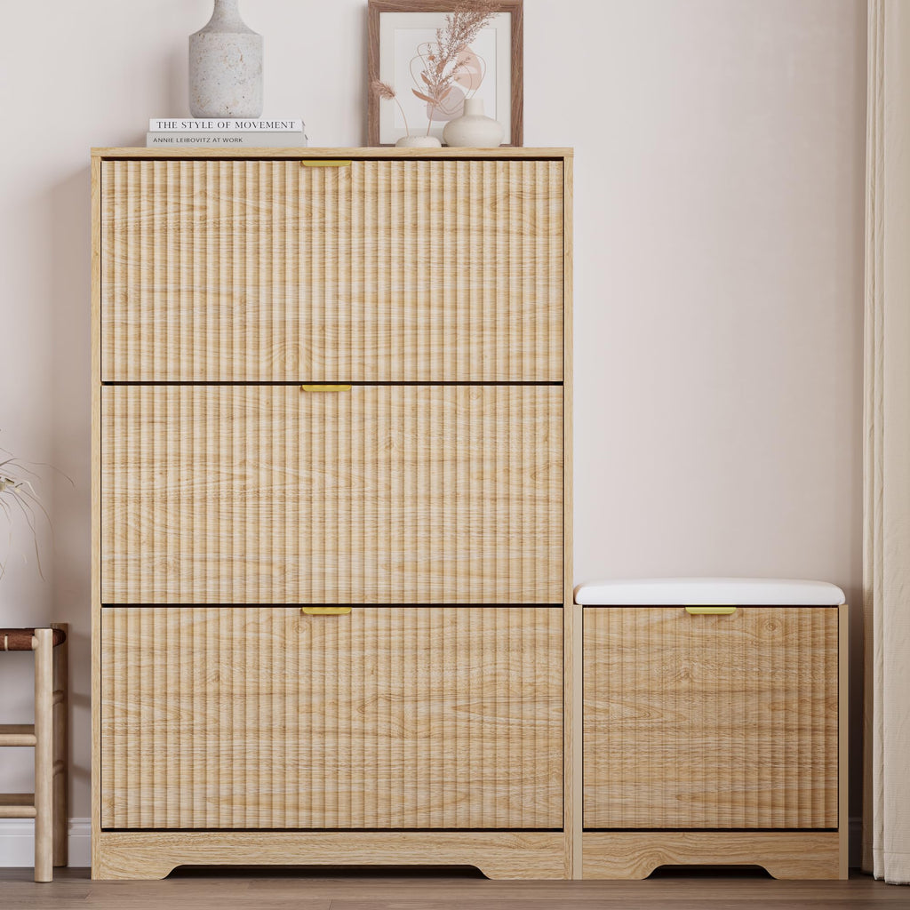 Slim Shoe Cabinet with Bench, Hidden Storage and Adjustable Shelves, Free Standing Wooden Shoes Organizer, Foyer