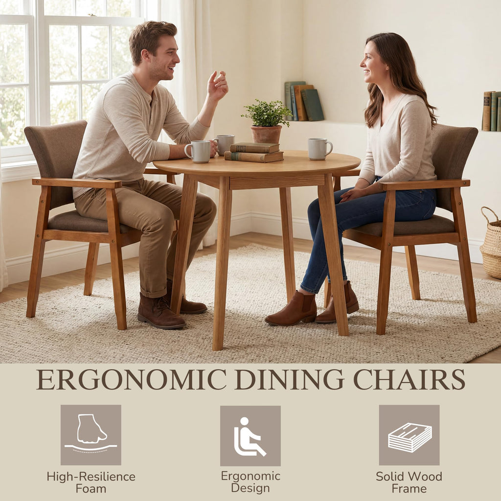 Linen Fabric Dining Chair with Arms, Solid Wood Frame, 320 lbs Load Capacity, Mid-Century Modern Upholstered Side
