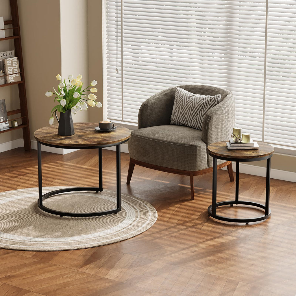 Nesting Coffee Set of 2, 23.6" Round Coffee Rustic Wood Top with Adjustable Non-Slip Feet, Industrial End Side Tables