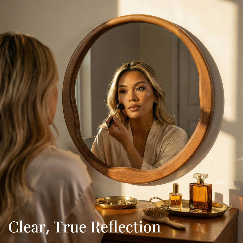 24 Inch Warm Walnut Round Wood Bathroom Mirror, Wavy Inner Edge