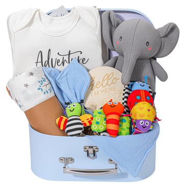 Baby Boy Gifts for Baby Shower, 11pcs Newborn Essential Basket Includes Newborn Blanket,Onesie,Wooden Rattle,Welcome