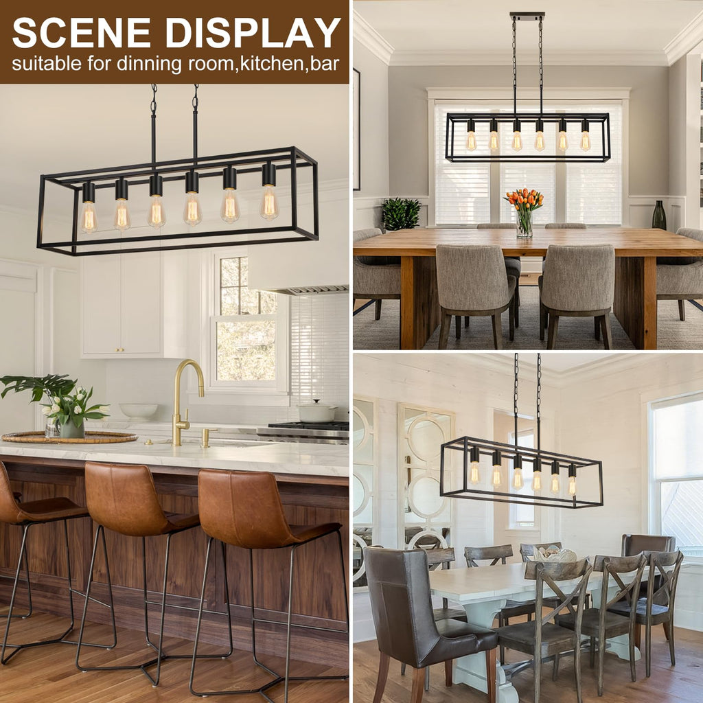 6 Light Black Chandeliers, Adjustable Height Linear Chandelier Kitchen Light Fixture, Modern Farmhouse Chandelier