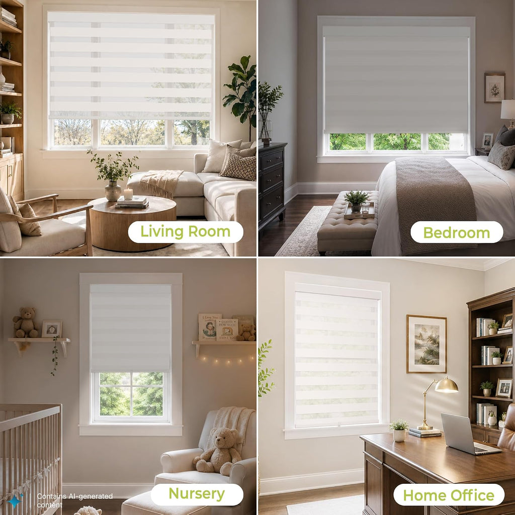 Cordless Zebra Blinds for Windows, Home Office, White, 36" W x 64" H | Dual-Layer Light Control Window Blinds For Day