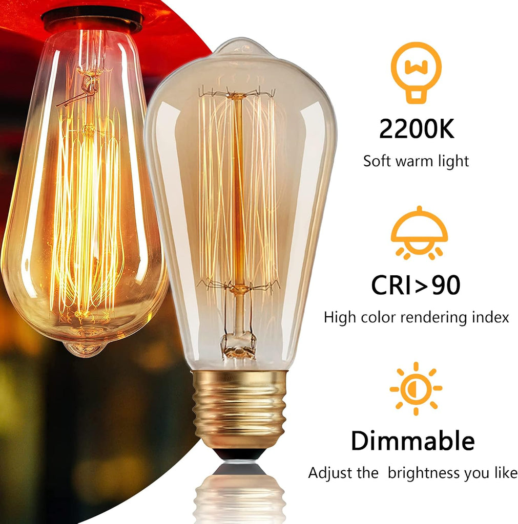 ST64 Incandescent Light Bulbs 40W E26 Dimmable Edison Bulbs 2 Pack