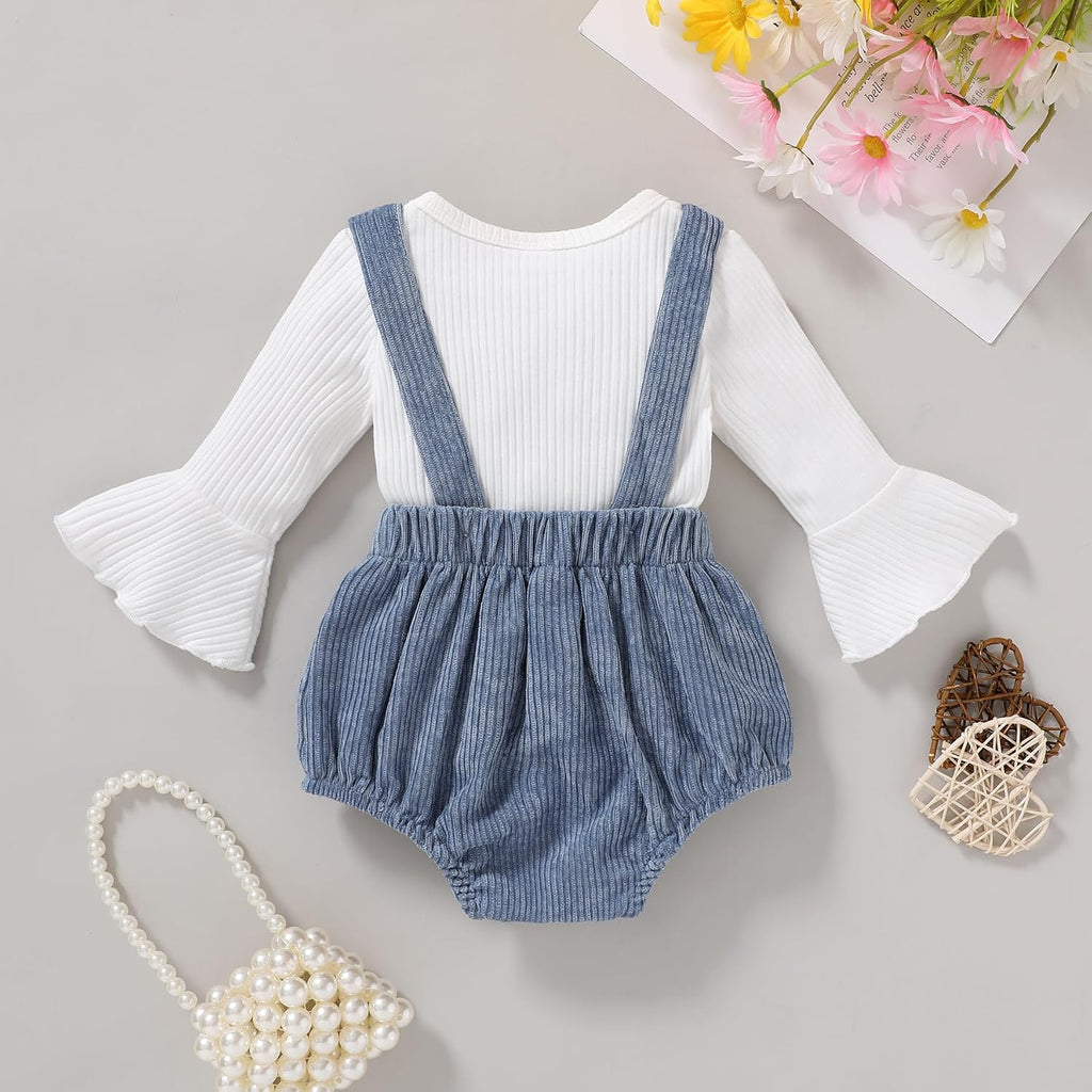 Newborn Baby Girl Clothes Bell Sleeve Romper and Corduroy Overalls Shorts Infant Girl Fall Outfits
