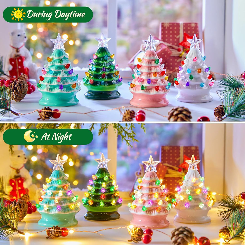 5 Inch Mini Ceramic Christmas Tree Set - 4 Pack Pre-lit Tabletop Christmas Tree with Multicolored LED Light, Battery