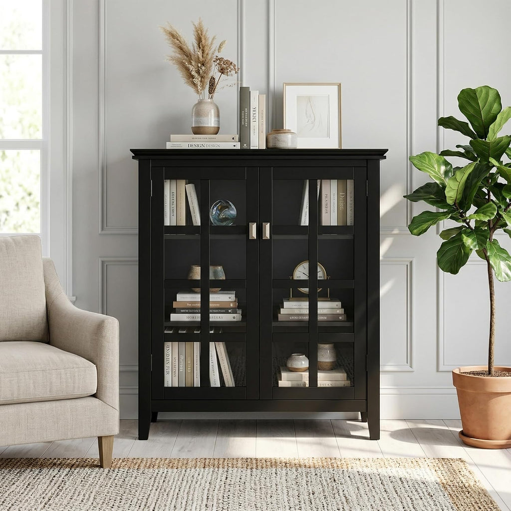 Artisan 38" Wide Solid Wood Storage Cabinet in Black | Transitional medium accent cabinet with glass doors, tapered