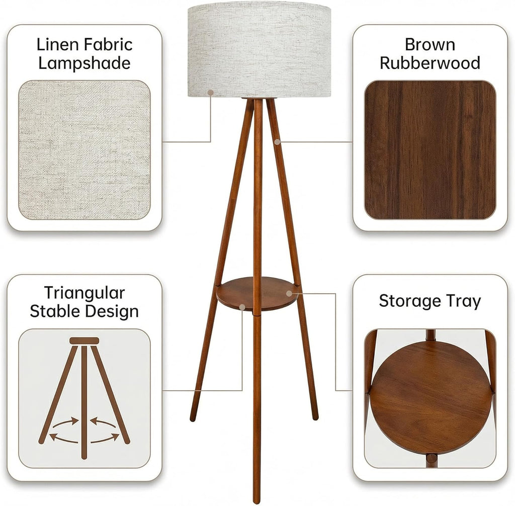 Modern Floor Lamp with White Drum Shade, Wood and Metal Construction, Adjustable Height