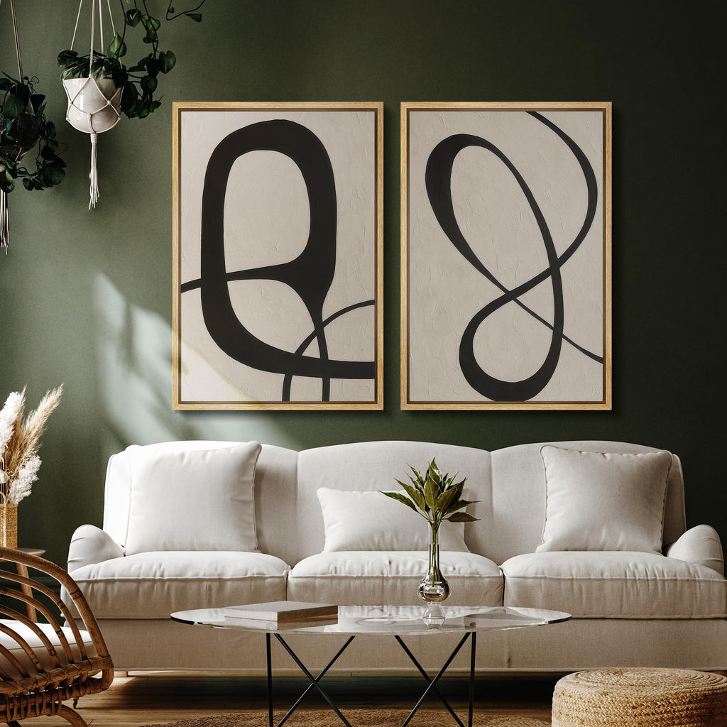 Framed Canvas Print Wall Art Set Abstract Minimalist Black Curved Line Abstract Illustration Modern Art Decorative