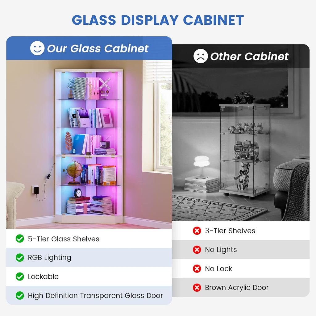 5-Tiers Corner Display Cabinet with RGB Light for Collectibles,White | 69" Tall Curio Cabinet Display Case with Lock