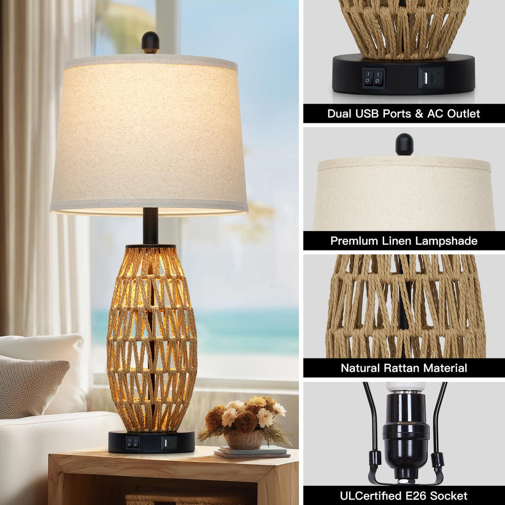 27" Boho Rattan Table Lamp with Night Light, Wicker Bedside Lamp with USB A+C Charging Port, Woven Coastal Bedroom