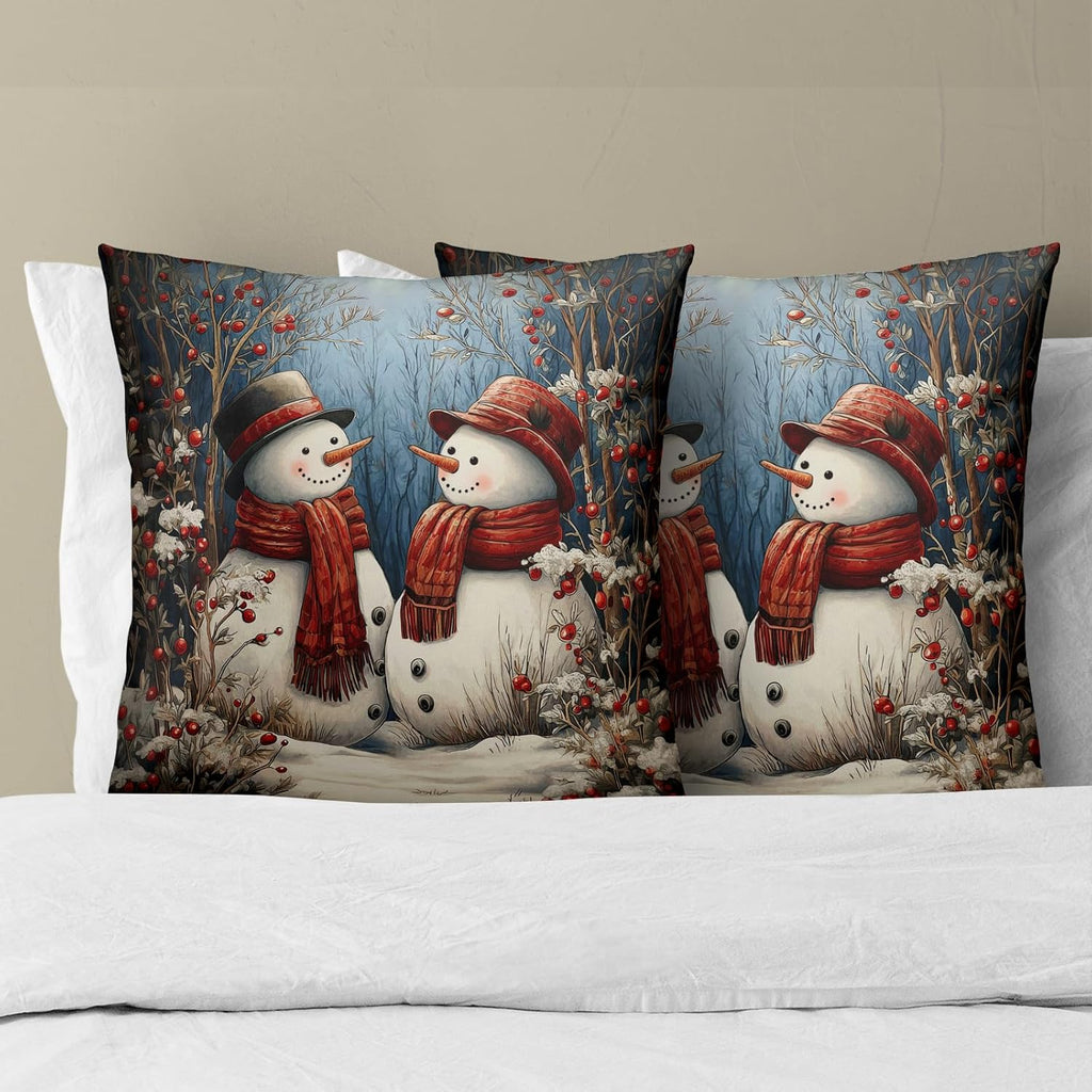 Winter Snowman Pillow Covers, Xmas Tree Red Berry Cotton Pillowcases 18x18 Inch, Snow Scene Double Sided - Set of 2