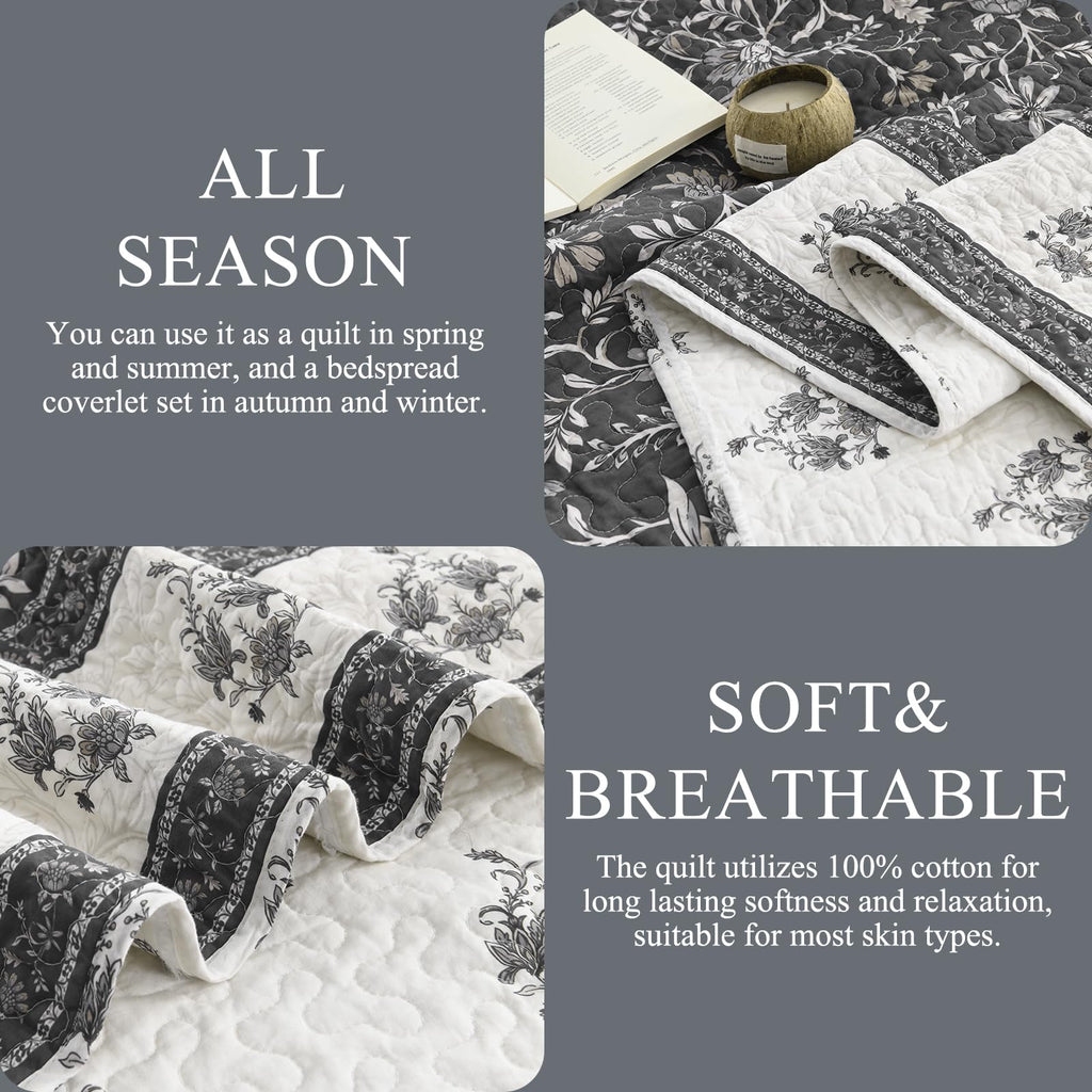 Farmhouse Botanical Quilt Set - 100% Cotton Quilts with 2 Pillow Shams, 3 Piece Bedspread Lightweight Bedding