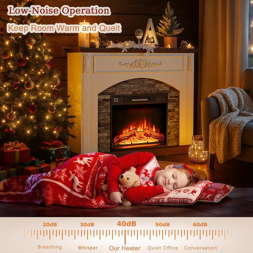 44Inch Electric Fireplace with Mantel, with Stacked Stone Surround, Freestanding Fireplace Heater with LED