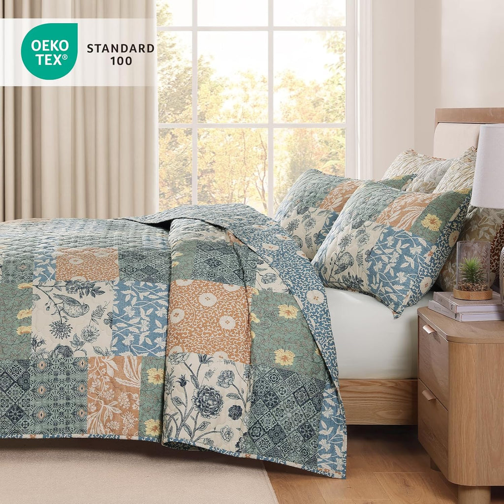 Queen Quilt Set - 3 Pieces Patchwork Green Quilt Bedding Set, Lightweight Queen Bedspread Coverlet, Reversible Floral