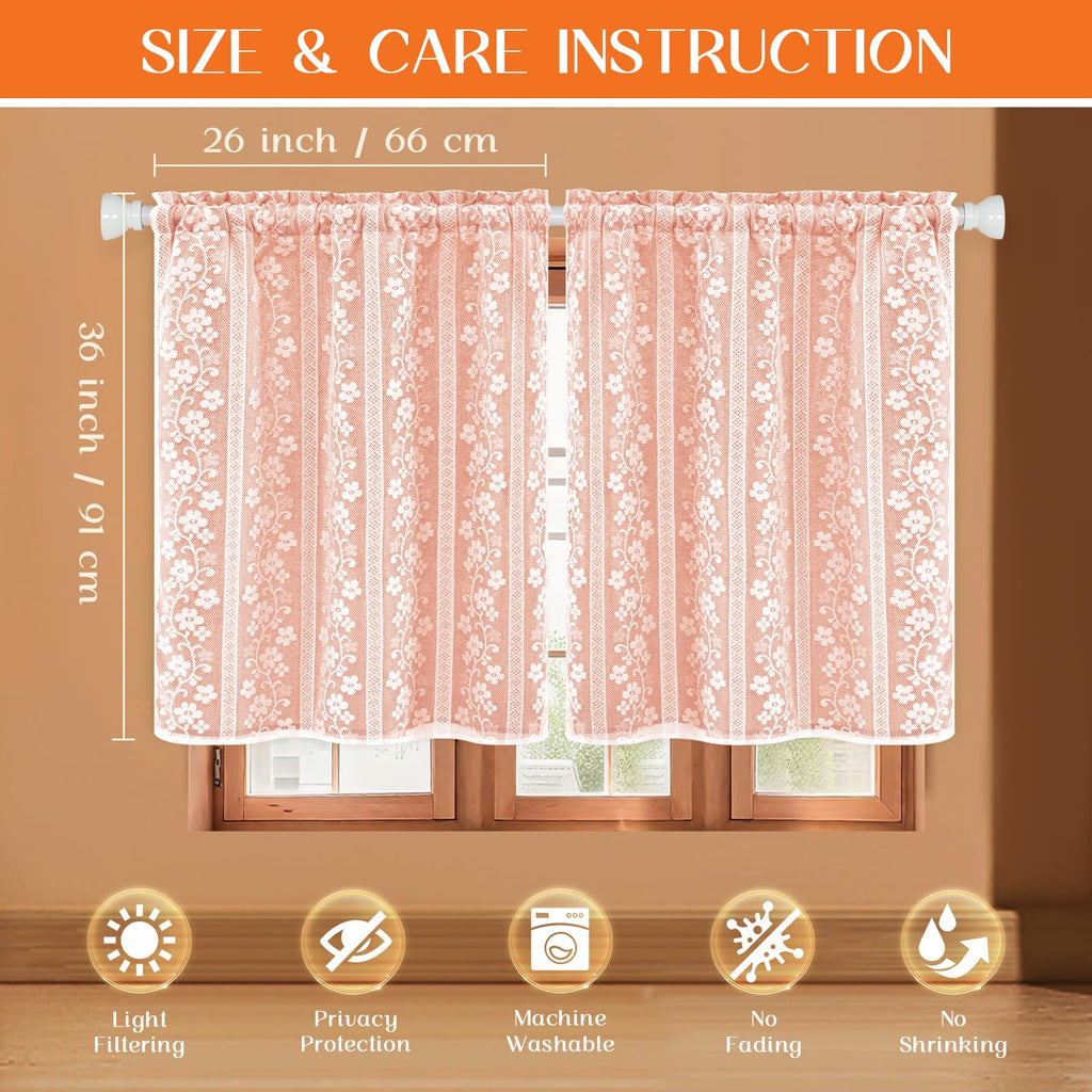 Linen Kitchen Curtains Double Layers Window Curtain with Linen Lace, Farmhouse Cafe Curtain 36 Inch Length Rod