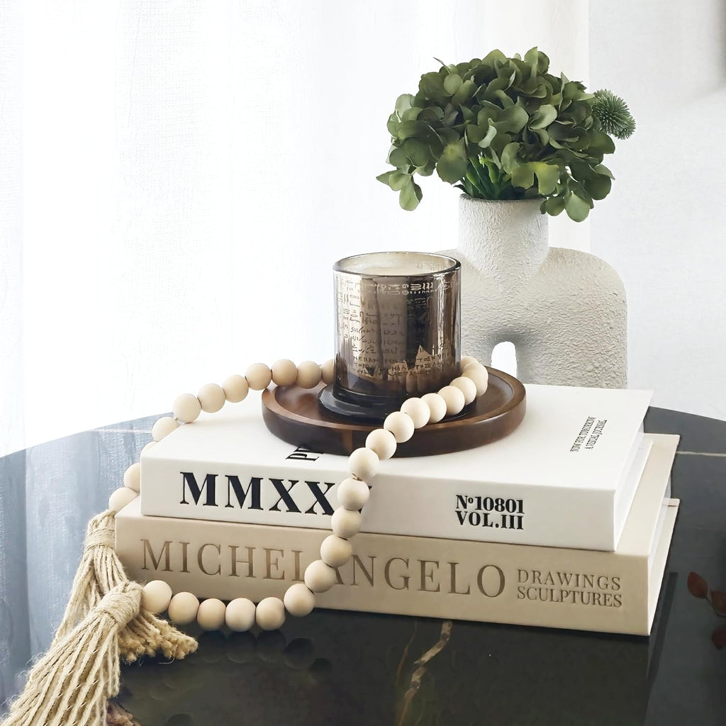 4-in-1 Decorative Books Set, Coffee Table Books Decor, 2 Linen Fake Book Boxes with Wood Tray, Bead Garland for