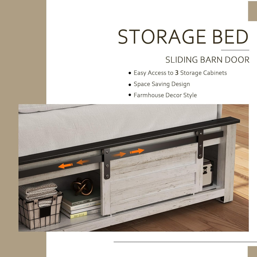 Wooden Bed Frame Queen with Headboard & Sliding Barn Door Storage Footboard, Farmhouse Platform Bedframe with