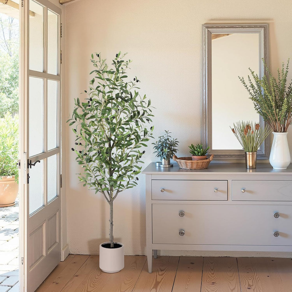 Olive Tree Artificial Indoor, 5ft Tall Silk Faux Olive Tree with White Planter, Artificial Plants with Natural Wood