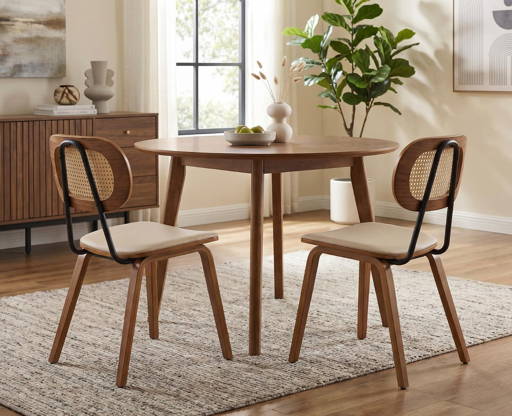 Mid Century Modern Dining Chairs Set of 2, Rattan Back Kitchen Chairs with Solid Wood Frame, Upholstered Faux Leather