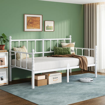 Day Bed Frame Twin Size with Heavy Duty Steel Slats, Metal Sofa Bed Bedroom, White Vintage