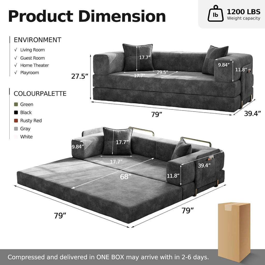 79" Convertible Sofa Bed, Boneless Couch . | Velour Futon Sofa Bed, Folding Sleeper Couch with Storage Pocket and 2