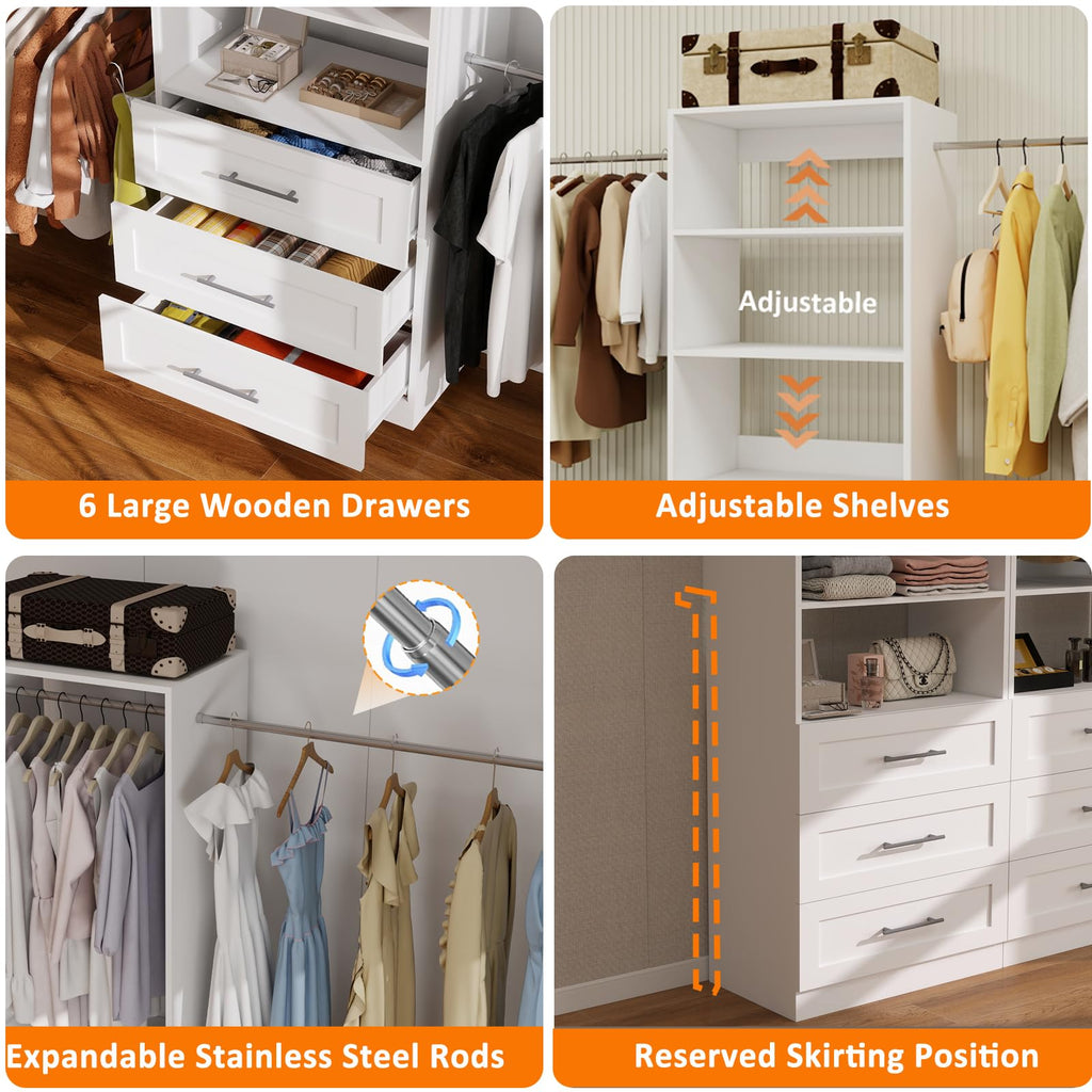 Closet System with 3 Drawers, 4FT-10.5FT Wooden Organizer System