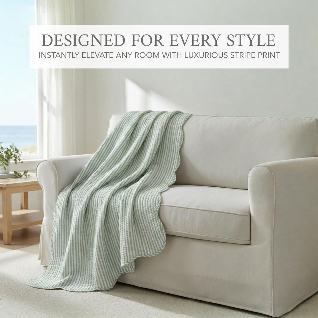 Martha Stripe Sage Quilted Reversible Throw (50x60in) - Stripe Bedding - Sage, White - Cotton Throw - Scalloped Edge