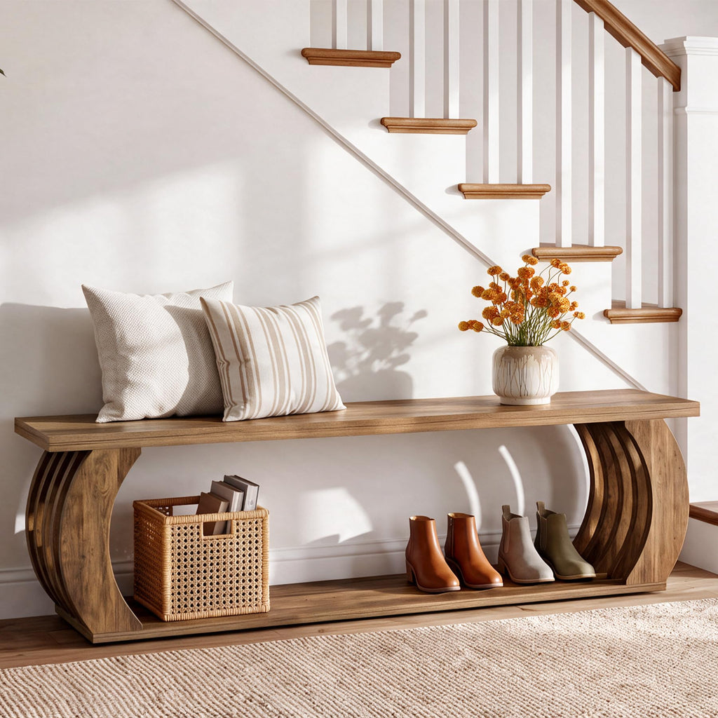 63" Entryway Bench with Storage, 2-Tier Farmhouse Wooden Bench