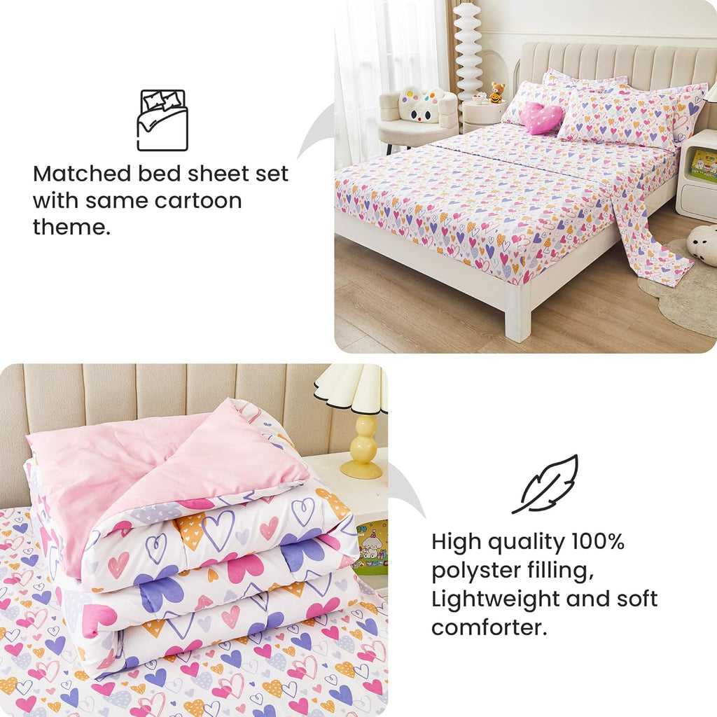 Full Comforter Sets for Girls Kids, 8 Pieces Bed in a Bag Pink Heart Bedding Comforter Sheet Set with Shams and