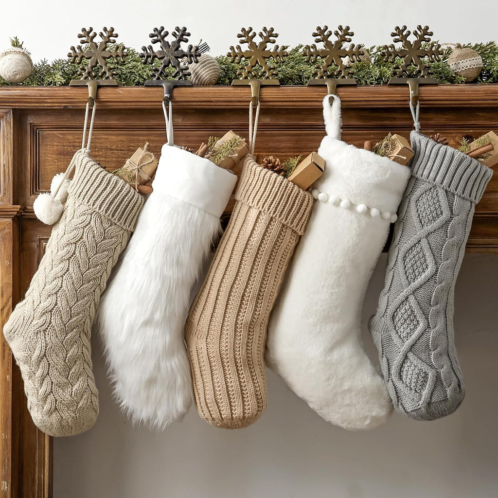 S: 5 Pack 18 inch Farmhouse Plush Faux Fur & Cable Knitted Fireplace Xmas Stockings, Hanging Gifts Cozy Personalized - Set of 5