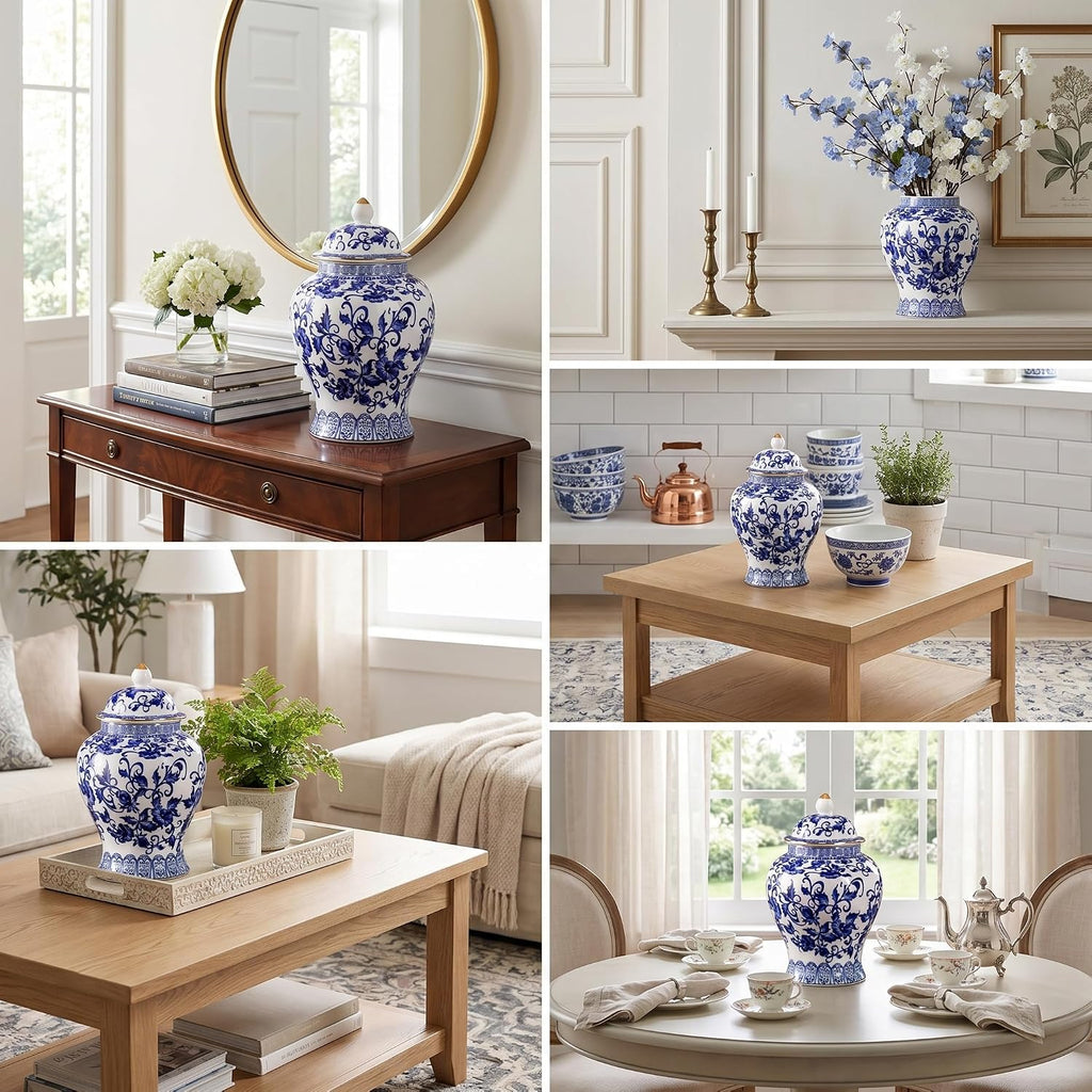 Blue and White Vase, Chinoiserie Decor Ginger Jar, Ceramic Jar with Lid, Decorative Jars, Blue and White Decor (Blue - Set of 30
