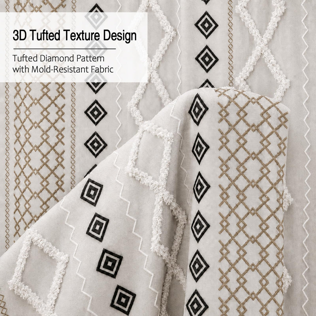 Boho Fabric Shower Curtain Set with 12 Metal Hooks, Modern Minimalist Geometric 3D Striped Textile Pattern Bathroom