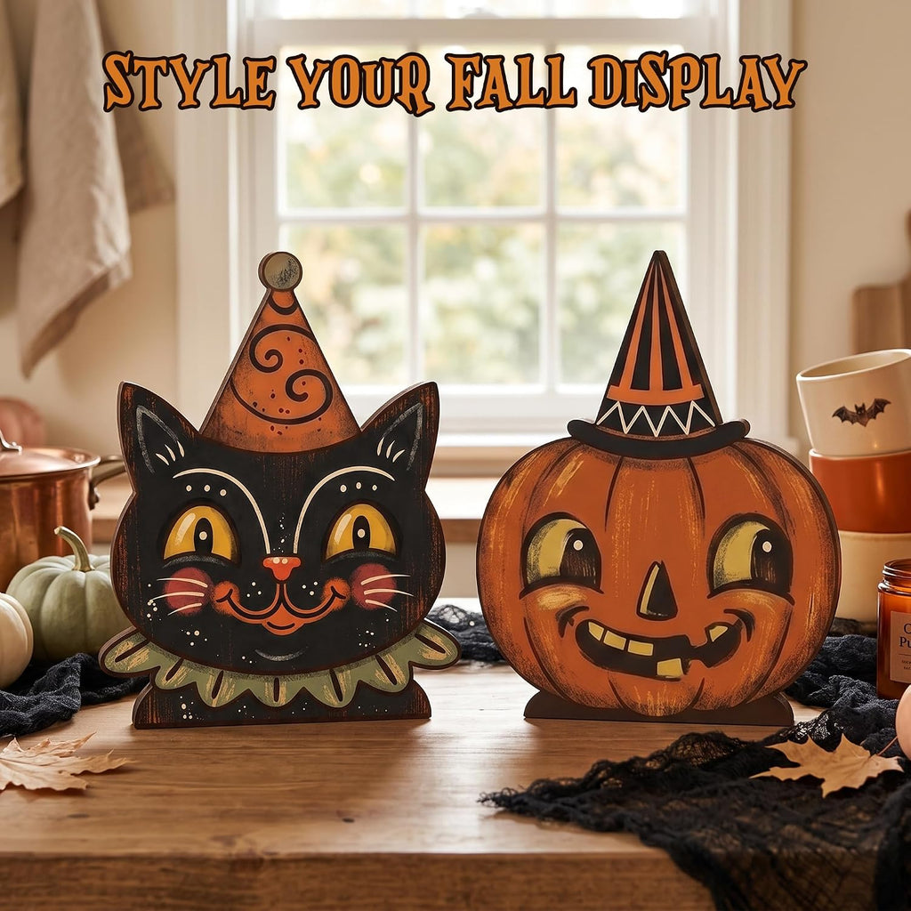 Wooden Halloween Decor Small Halloween Signs Indoor Decor Black Cat Pumpkin - Set of 3