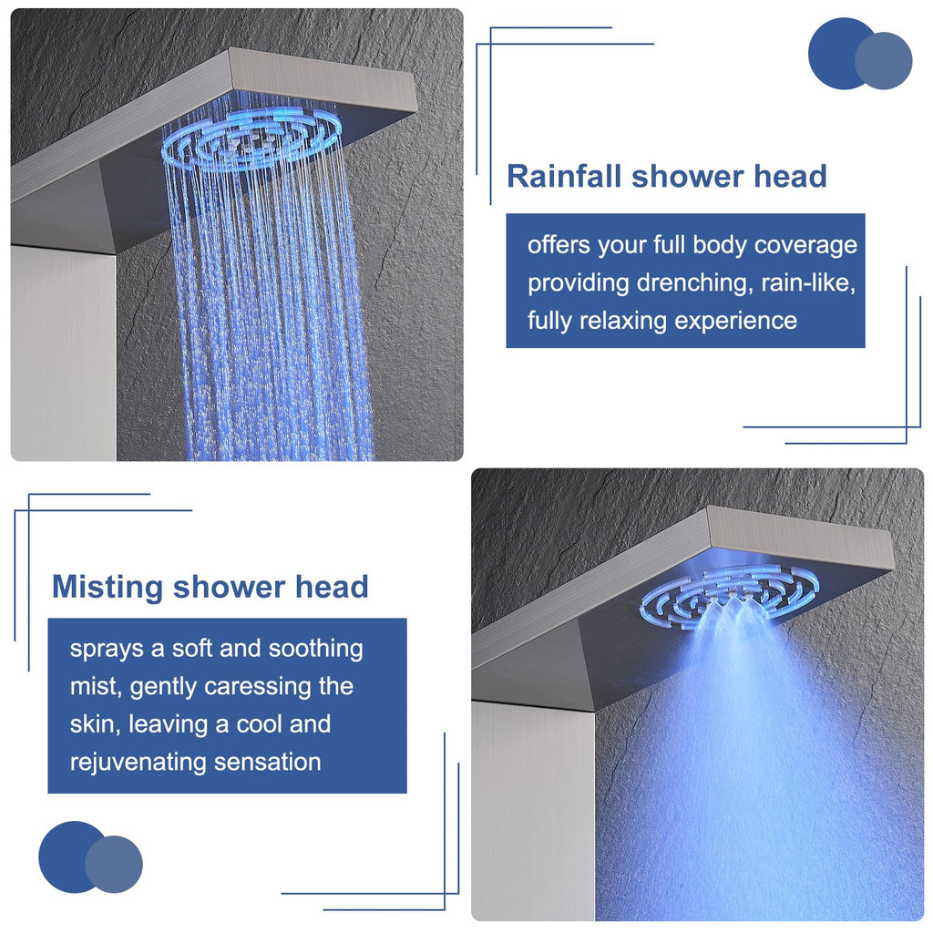 6-in-1 LED Rainfall Mist Shower Panel Tower System, Brushed Finish