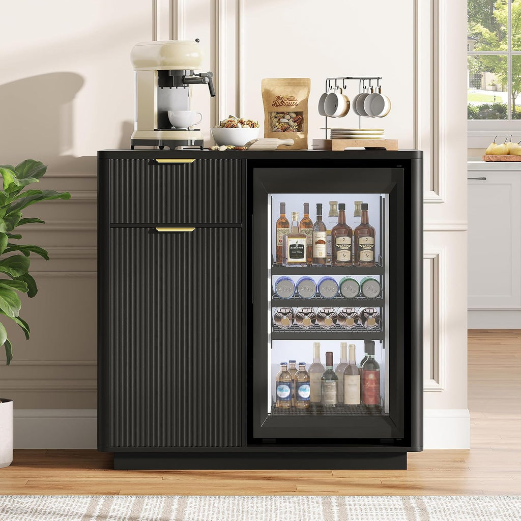 Mini Fridge Cabinet with Wine Storage & Power Outlet, Black | Coffee Bar Cabinet with Mini Fridge Space, Liquor