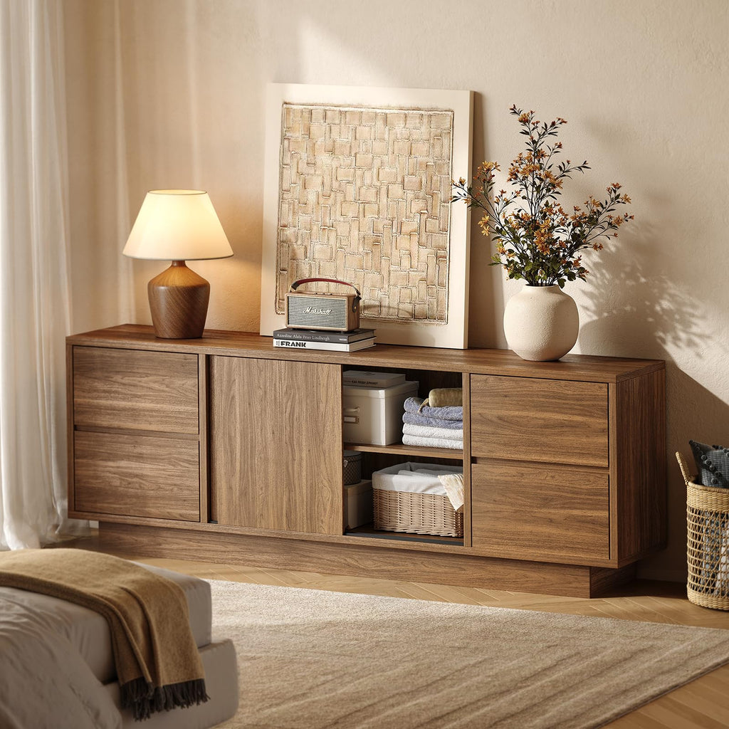70'' TV Stand for TVs Up to 75'', Wood Entertainment Center with Sliding Doors and Drawers, Television Console
