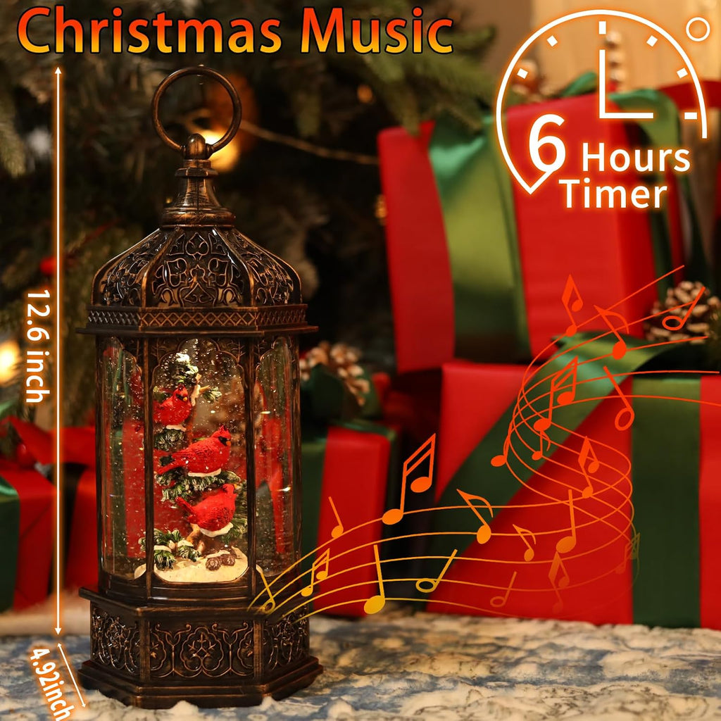 12.6Inch Cardinal Christmas Snow Globes,Musical Light Up Glitter Red Cardinal Snow Globe Lanterns,6H Timer USB