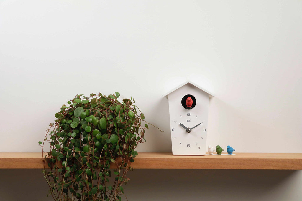Birdhouse Mini White, Tiny Modern Cuckoo Clock with 12 Natural Bird Songs or Cuckoo Call