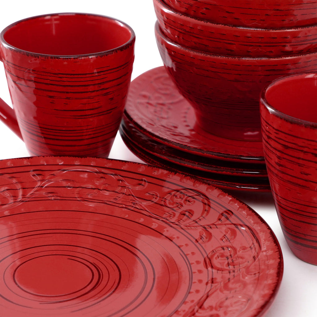 Malibu Ocean Bloom 16-Piece Stoneware Embossed Pattern Reactive Glaze Red Dinnerware Set, Tableware, Serveware Set