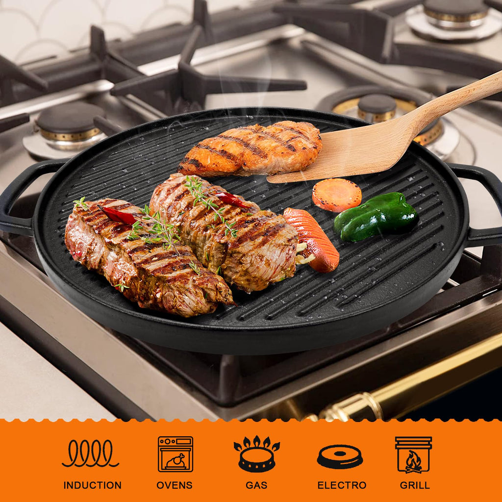 Reversible Cast Iron Griddle for Stove Top, 14" Round Griddle Pan