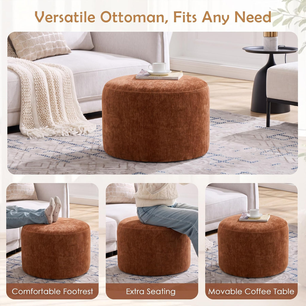 Upholstered Round Pouf Ottoman Set of 2, Orange-Brown Footstools